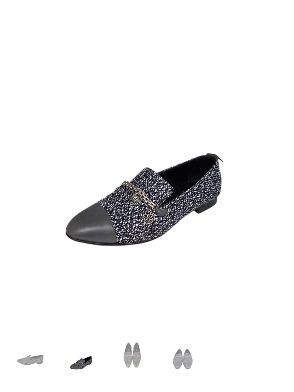 CHANEL Navy and Gray Tweed Cap-Toe Loafers with Chain Detail